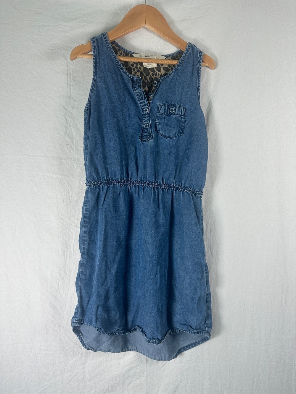 Girls Blue Denim Tank Dress with Leopard-Trim Lining